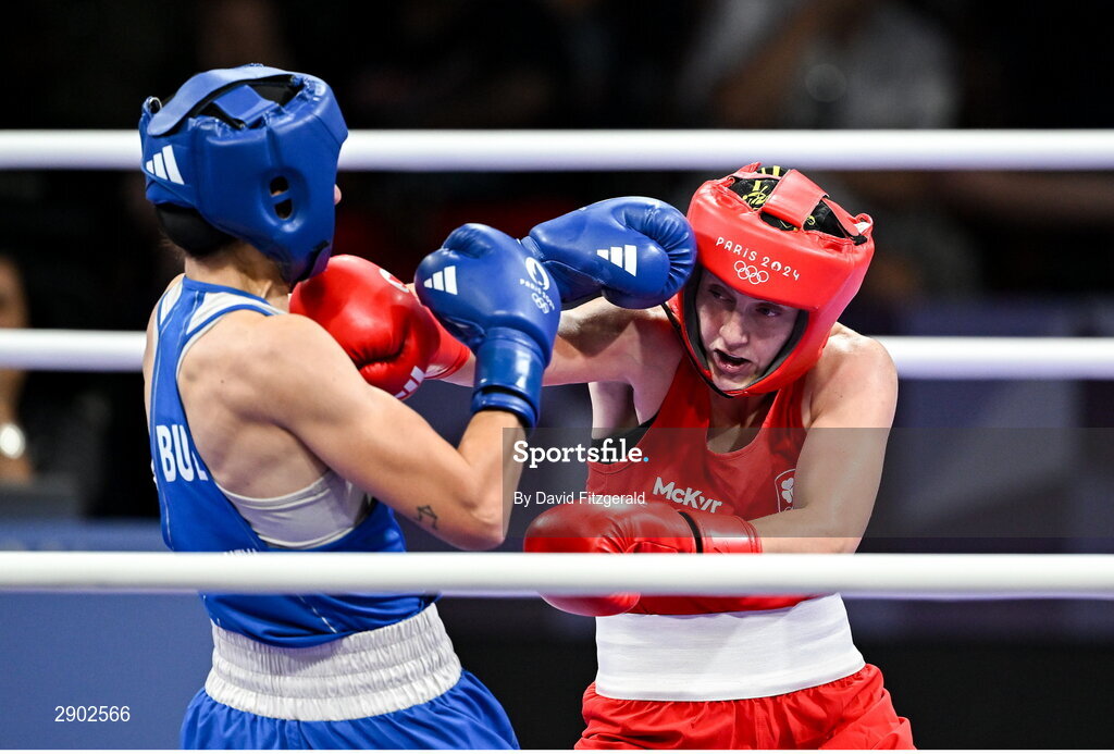 2 August 2024; Michaela Walsh of Team Ireland, right, in action against Svetlana Kamenova Staneva of Team Bulgaria during their women's 57Kg round of 16 bout at the North Paris Arena during the 2024 Paris Summer Olympic Games in Paris, France. Photo by David Fitzgerald/Sportsfile