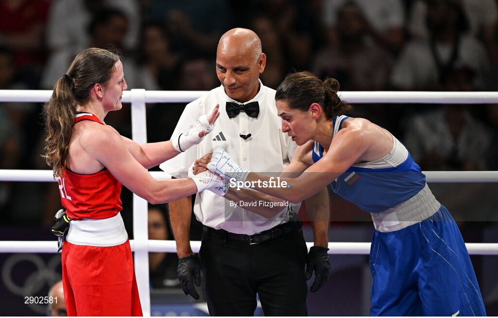 2 August 2024; Michaela Walsh of Team Ireland, left, and Svetlana Kamenova Staneva of Team Bulgaria after their women's 57Kg round of 16 bout at the North Paris Arena during the 2024 Paris Summer Olympic Games in Paris, France. Photo by David Fitzgerald/Sportsfile
