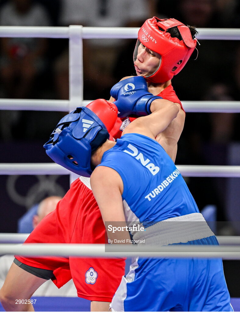 2 August 2024; Yu Ting Lin of Team Chinese Taipei in action against Sitora Turdibekova of Team Uzbekistan during her women's 57kg preliminary round of 16 bout  at the North Paris Arena during the 2024 Paris Summer Olympic Games in Paris, France. Photo by David Fitzgerald/Sportsfile