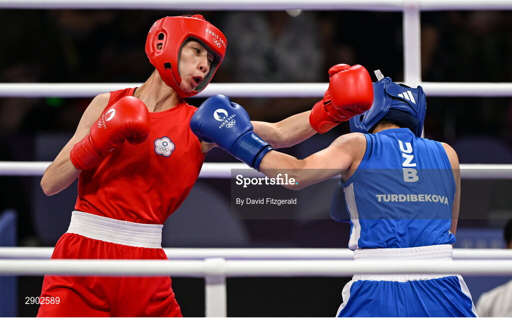 2 August 2024; Yu Ting Lin of Team Chinese Taipei, left, in action against Sitora Turdibekova of Team Uzbekistan during her women's 57kg preliminary round of 16 bout  at the North Paris Arena during the 2024 Paris Summer Olympic Games in Paris, France. Photo by David Fitzgerald/Sportsfile