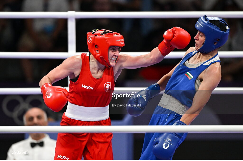 2 August 2024; Michaela Walsh of Team Ireland, left, in action against Svetlana Kamenova Staneva of Team Bulgaria during their women's 57Kg round of 16 bout at the North Paris Arena during the 2024 Paris Summer Olympic Games in Paris, France. Photo by David Fitzgerald/Sportsfile