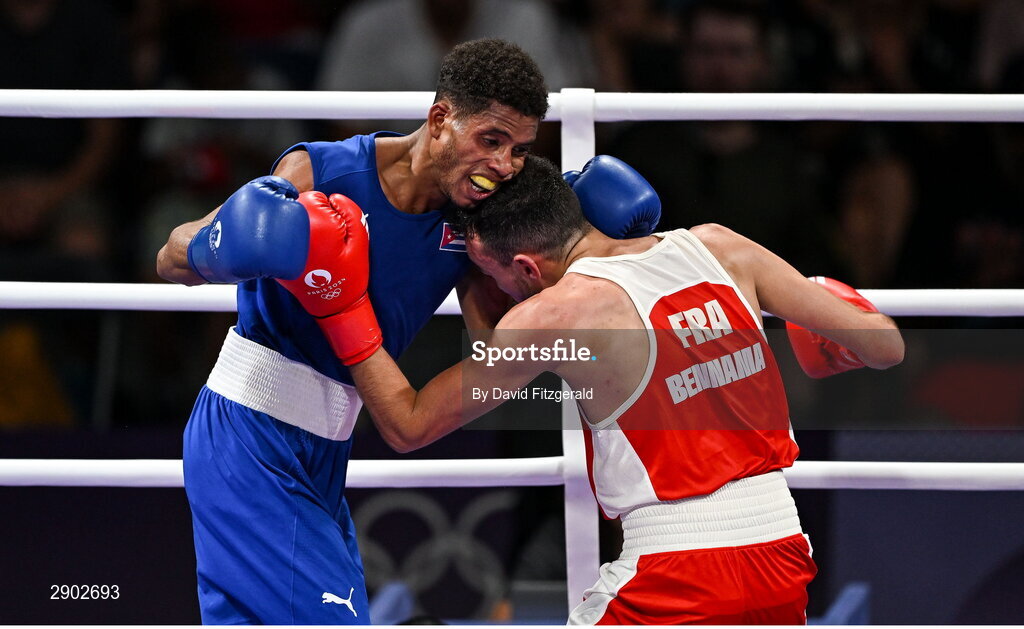 2 August 2024; Billal Bennama of Team France, right, in action against Alejandro Claro Fiz of Team Cuba during their men's 51kg quarterfinal bout at the North Paris Arena during the 2024 Paris Summer Olympic Games in Paris, France. Photo by David Fitzgerald/Sportsfile