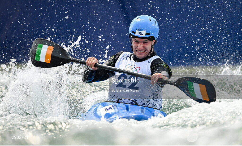 2 August 2024; Noel Hendrick of Team Ireland in action during the men's kayak cross time trial at the Vaires-sur-Marne Nautical Stadium during the 2024 Paris Summer Olympic Games in Paris, France. Photo by Brendan Moran/Sportsfile
