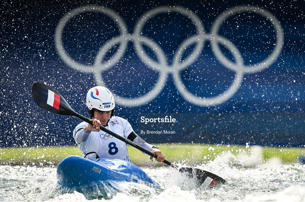 2 August 2024; Angele Hug of Team France in action during the women's kayak cross time trial at the Vaires-sur-Marne Nautical Stadium during the 2024 Paris Summer Olympic Games in Paris, France. Photo by Brendan Moran/Sportsfile