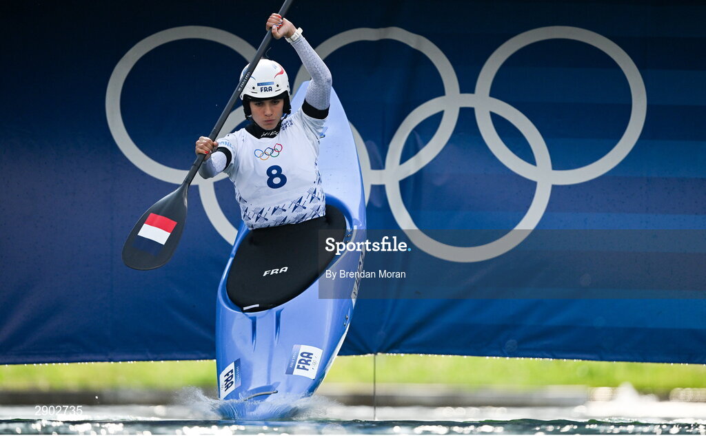 2 August 2024; Angele Hug of Team France in action during the women's kayak cross time trial at the Vaires-sur-Marne Nautical Stadium during the 2024 Paris Summer Olympic Games in Paris, France. Photo by Brendan Moran/Sportsfile