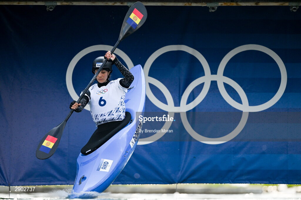 2 August 2024; Monica Doria Vilarrubla of Team Andorra in action during the women's kayak cross time trial at the Vaires-sur-Marne Nautical Stadium during the 2024 Paris Summer Olympic Games in Paris, France. Photo by Brendan Moran/Sportsfile