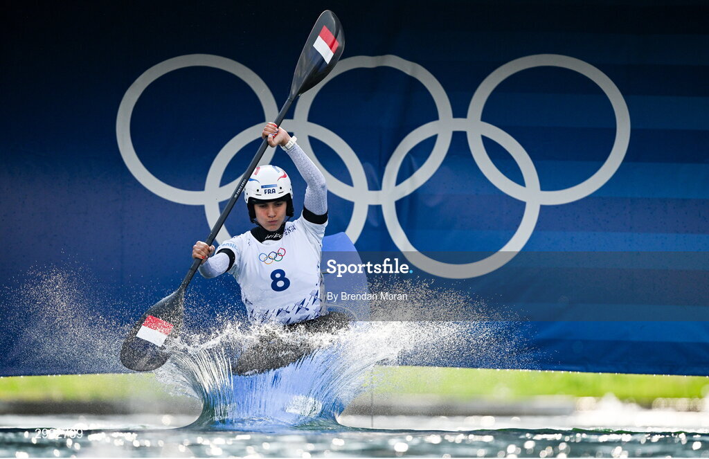 2 August 2024; Angele Hug of Team France in action during the women's kayak cross time trial at the Vaires-sur-Marne Nautical Stadium during the 2024 Paris Summer Olympic Games in Paris, France. Photo by Brendan Moran/Sportsfile