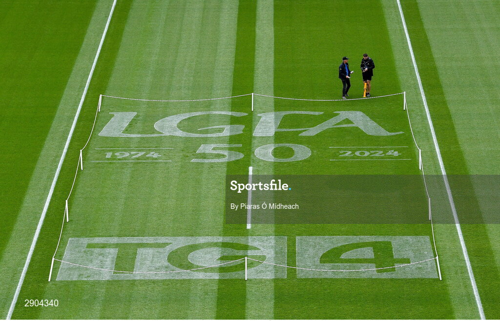4 August 2024; Groundsmen tend to the pitch before the TG4 All-Ireland Ladies Football Junior Championship final match between Fermanagh and Louth at Croke Park in Dublin. Photo by Piaras Ó Mídheach/Sportsfile