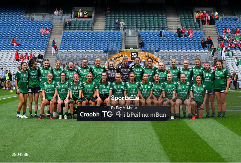 4 August 2024; The Fermanagh squad before the TG4 All-Ireland Ladies Junior Football Championship final match between Fermanagh and Louth at Croke Park, Dublin. Photo by Ray McManus/Sportsfile