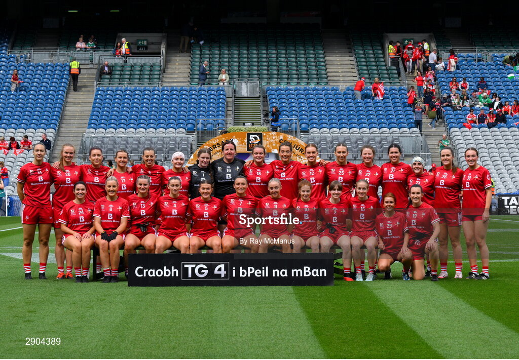 4 August 2024; The Louth squad before the TG4 All-Ireland Ladies Junior Football Championship final match between Fermanagh and Louth at Croke Park, Dublin. Photo by Ray McManus/Sportsfile