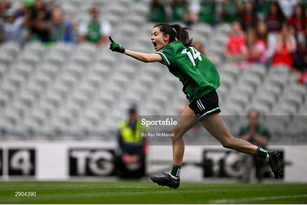 4 August 2024; Eimear Smyth of Fermanagh celebrates scoring her side's first goal, in the 21st minute, during the TG4 All-Ireland Ladies Junior Football Championship final match between Fermanagh and Louth at Croke Park, Dublin. Photo by Ray McManus/Sportsfile
