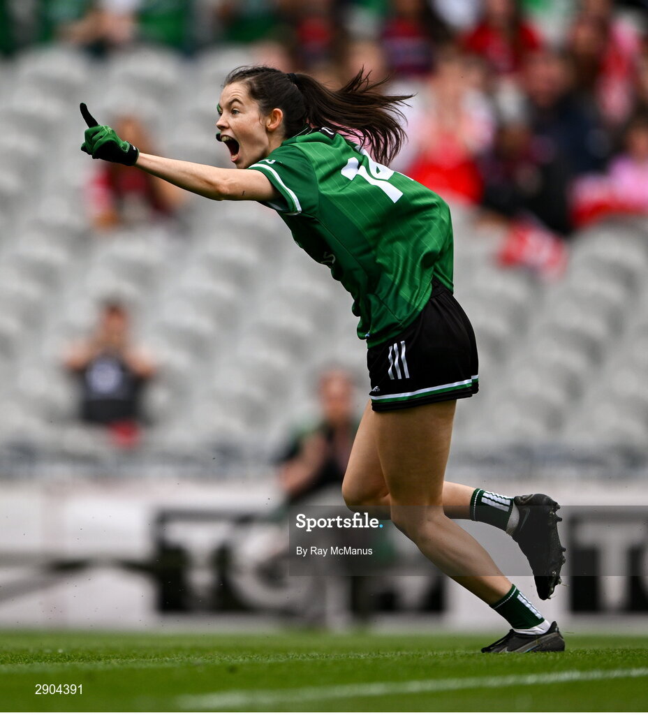 4 August 2024; Eimear Smyth of Fermanagh celebrates scoring her side's first goal, in the 21st minute, during the TG4 All-Ireland Ladies Junior Football Championship final match between Fermanagh and Louth at Croke Park, Dublin. Photo by Ray McManus/Sportsfile