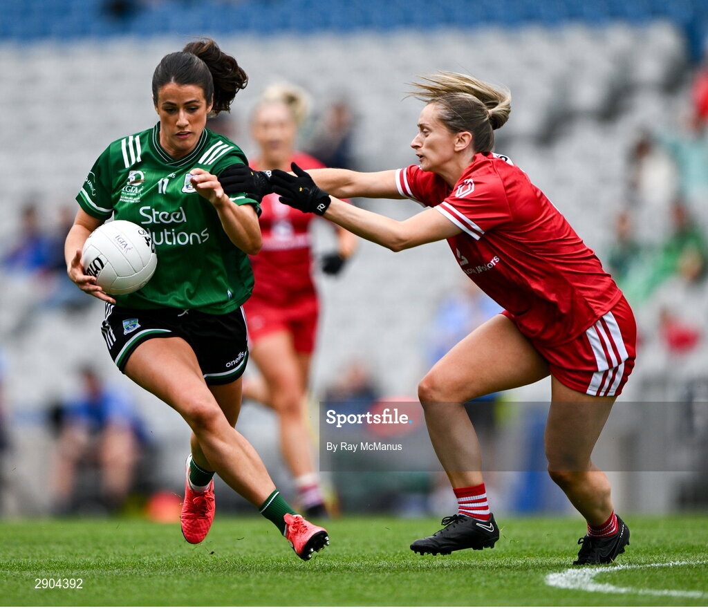 4 August 2024; Joanne Doonan of Fermanagh is tackled by Eilis Hand of Louth during the TG4 All-Ireland Ladies Junior Football Championship final match between Fermanagh and Louth at Croke Park, Dublin. Photo by Ray McManus/Sportsfile