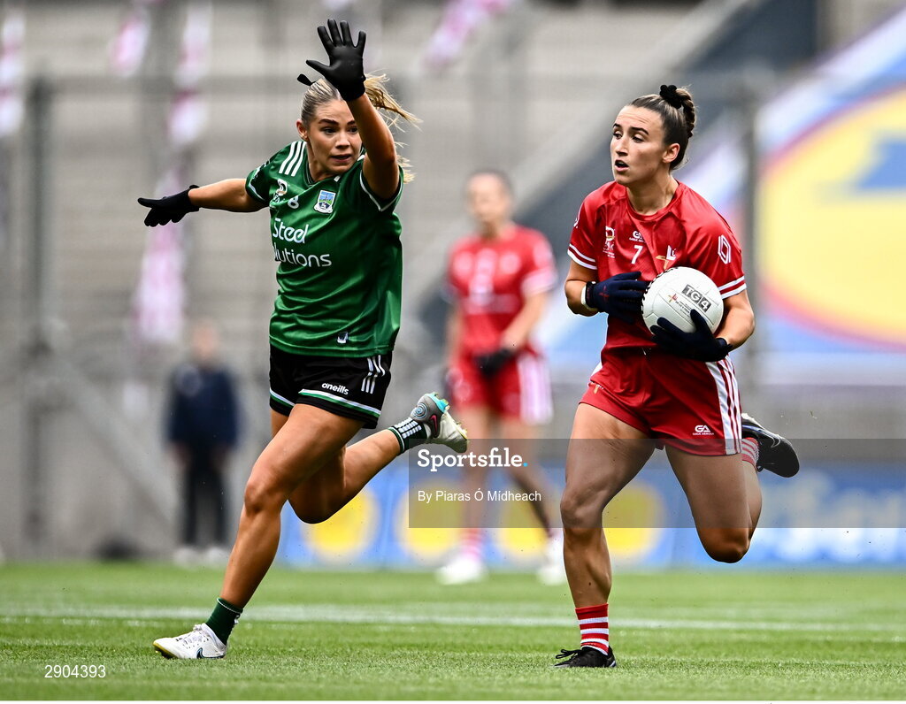4 August 2024; Ceire Nolan of Louth in action against Brenda Bannon of Fermanagh during the TG4 All-Ireland Ladies Football Junior Championship final match between Fermanagh and Louth at Croke Park in Dublin. Photo by Piaras Ó Mídheach/Sportsfile