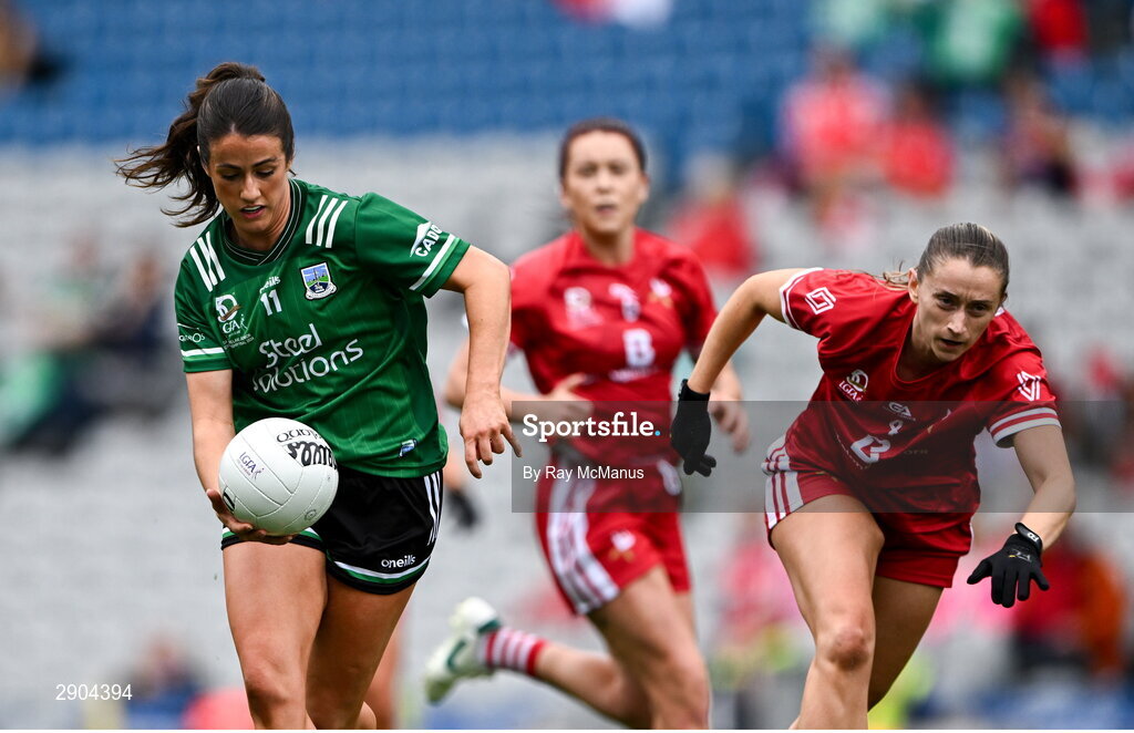 4 August 2024; Joanne Doonan of Fermanagh is tackled by Eilis Hand of Louth during the TG4 All-Ireland Ladies Junior Football Championship final match between Fermanagh and Louth at Croke Park, Dublin. Photo by Ray McManus/Sportsfile