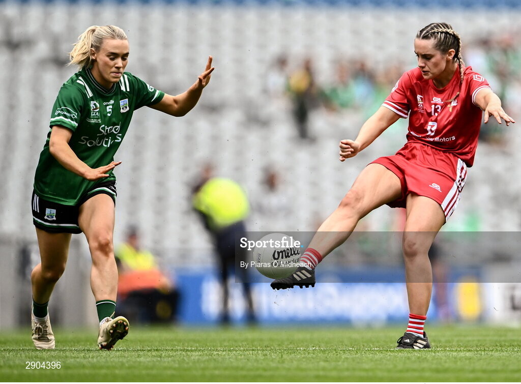 4 August 2024; Niamh Rice of Louth in action against Shannan McQuade of Fermanagh during the TG4 All-Ireland Ladies Football Junior Championship final match between Fermanagh and Louth at Croke Park in Dublin. Photo by Piaras Ó Mídheach/Sportsfile