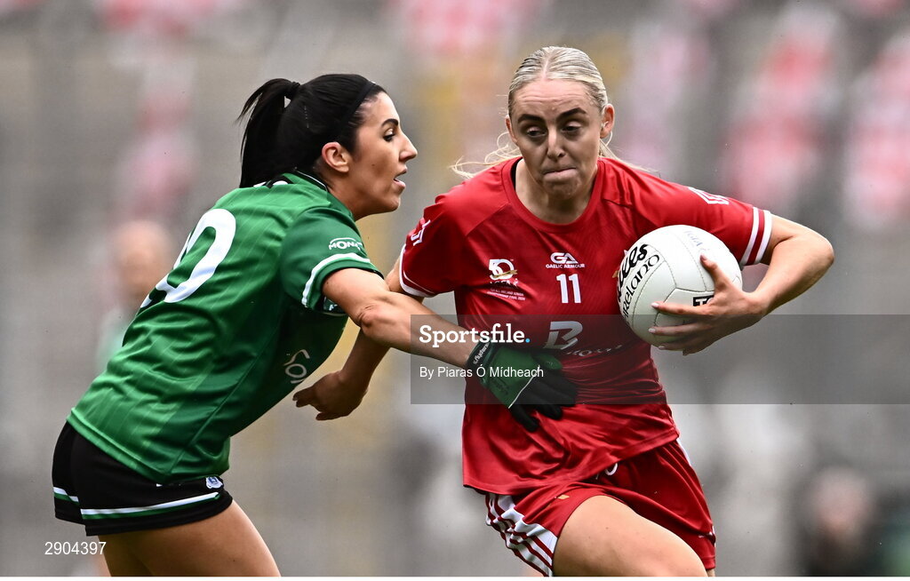 4 August 2024; Aoife Russell of Louth in action against Danielle Maguire of Fermanagh during the TG4 All-Ireland Ladies Football Junior Championship final match between Fermanagh and Louth at Croke Park in Dublin. Photo by Piaras Ó Mídheach/Sportsfile