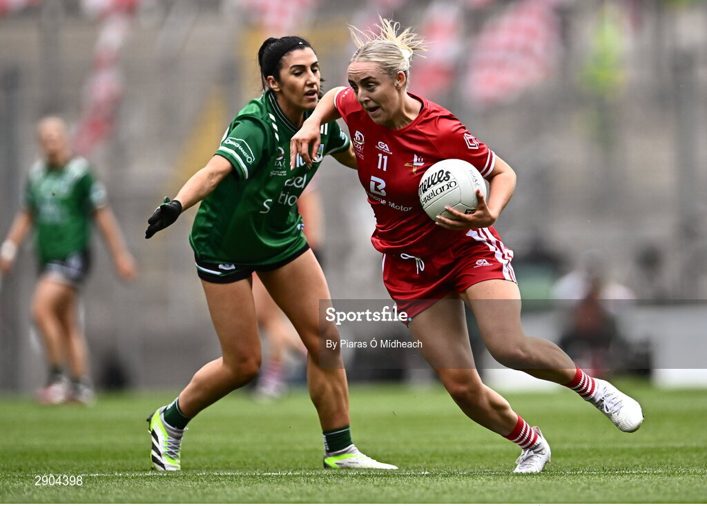 4 August 2024; Aoife Russell of Louth in action against Danielle Maguire of Fermanagh during the TG4 All-Ireland Ladies Football Junior Championship final match between Fermanagh and Louth at Croke Park in Dublin. Photo by Piaras Ó Mídheach/Sportsfile