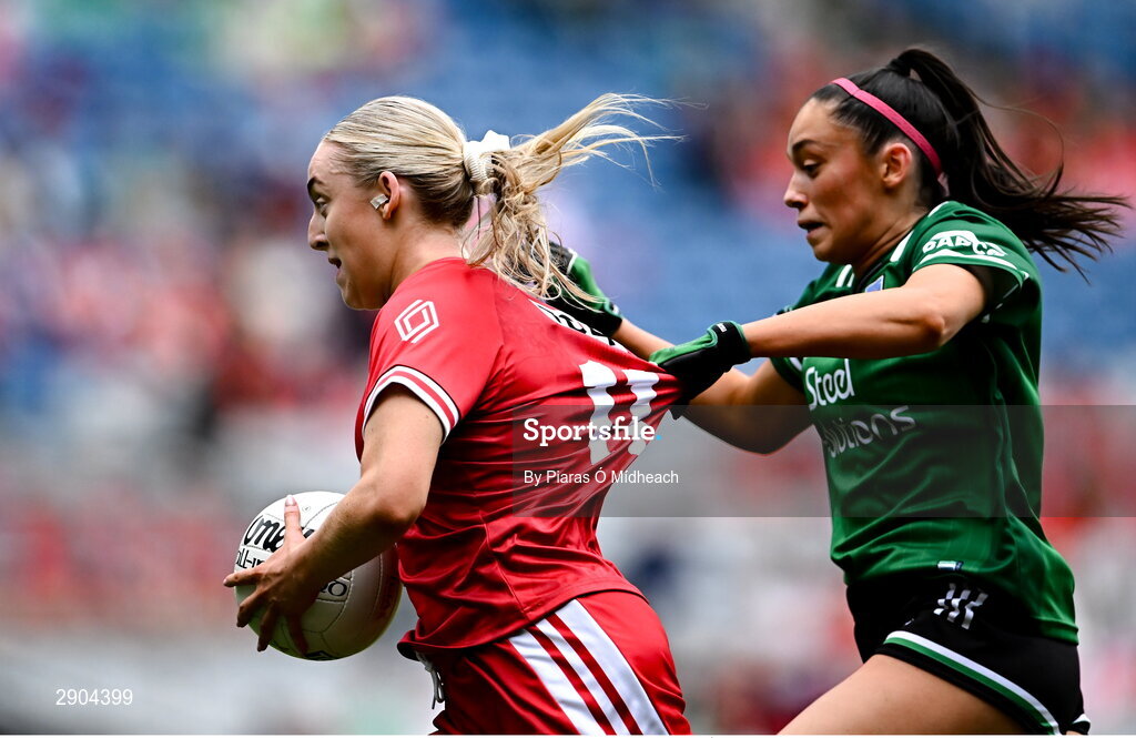 4 August 2024; Aoife Russell of Louth is tackled by Cadhla-Cara Bogue of Fermanagh during the TG4 All-Ireland Ladies Football Junior Championship final match between Fermanagh and Louth at Croke Park in Dublin. Photo by Piaras Ó Mídheach/Sportsfile