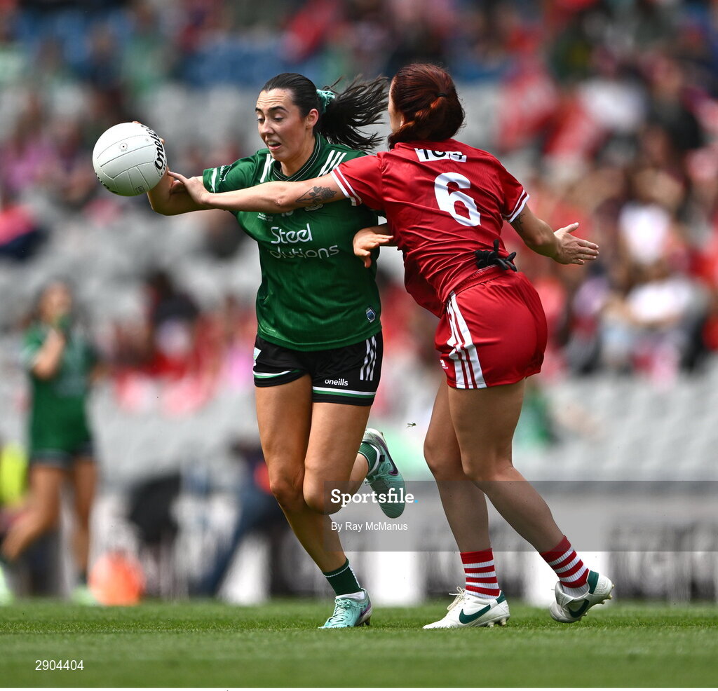 4 August 2024; Bláithín Bogue of Fermanagh is tackled by Áine Breen of Louth during the TG4 All-Ireland Ladies Junior Football Championship final match between Fermanagh and Louth at Croke Park, Dublin. Photo by Ray McManus/Sportsfile