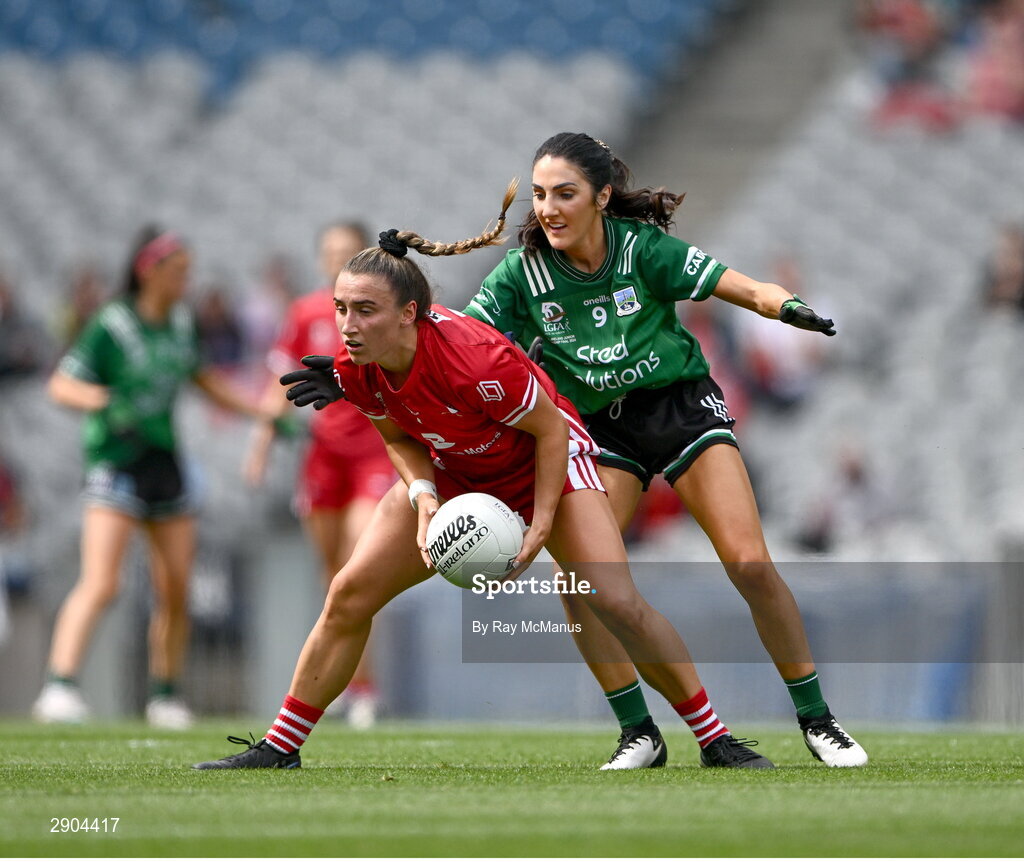 4 August 2024; Ceire Nolan of Louth is tackled by Lisa Maguire of Fermanagh during the TG4 All-Ireland Ladies Junior Football Championship final match between Fermanagh and Louth at Croke Park, Dublin. Photo by Ray McManus/Sportsfile