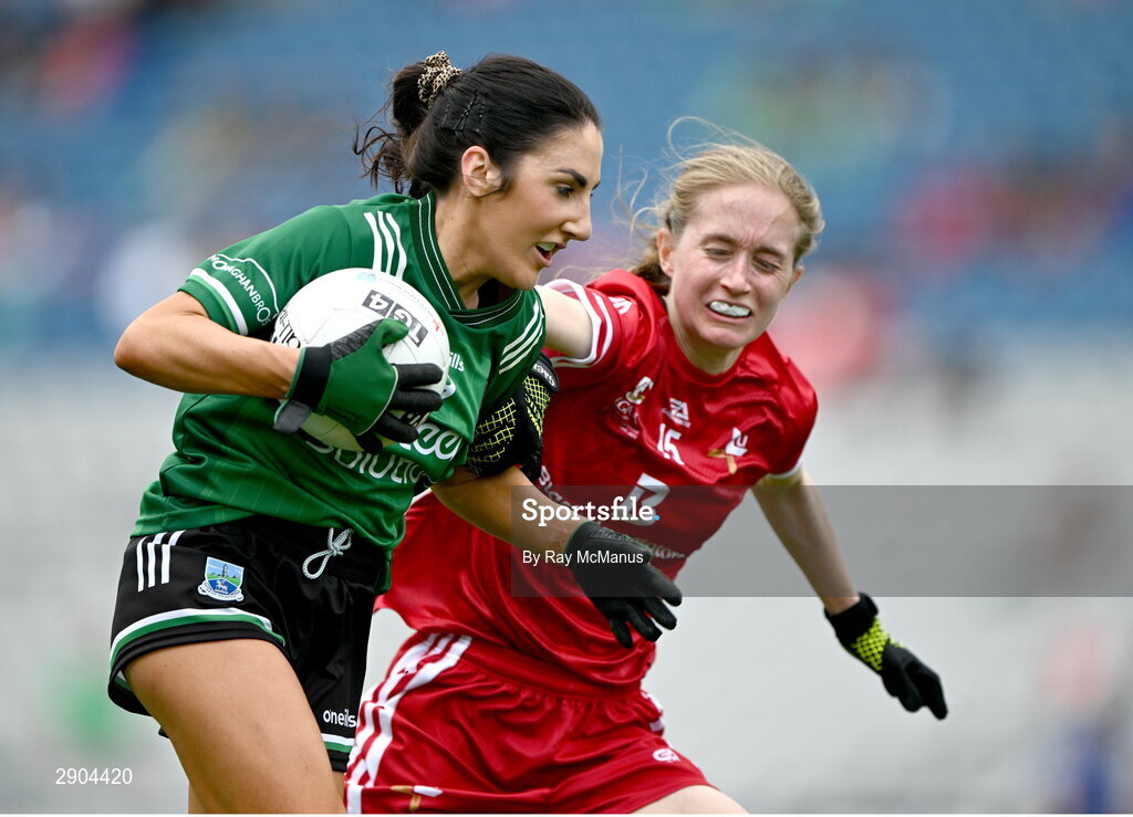 4 August 2024; Lisa Maguire of Fermanagh is tackled by Seoda Matthews of Louth during the TG4 All-Ireland Ladies Junior Football Championship final match between Fermanagh and Louth at Croke Park, Dublin. Photo by Ray McManus/Sportsfile