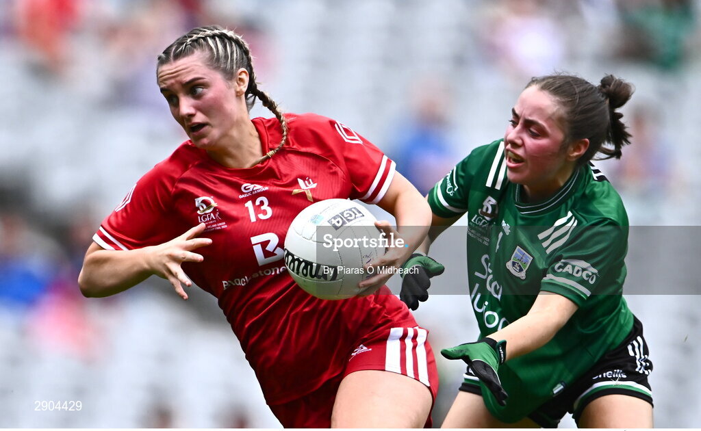 4 August 2024; Niamh Rice of Louth in action against Eimear Keenan of Fermanagh during the TG4 All-Ireland Ladies Football Junior Championship final match between Fermanagh and Louth at Croke Park in Dublin. Photo by Piaras Ó Mídheach/Sportsfile