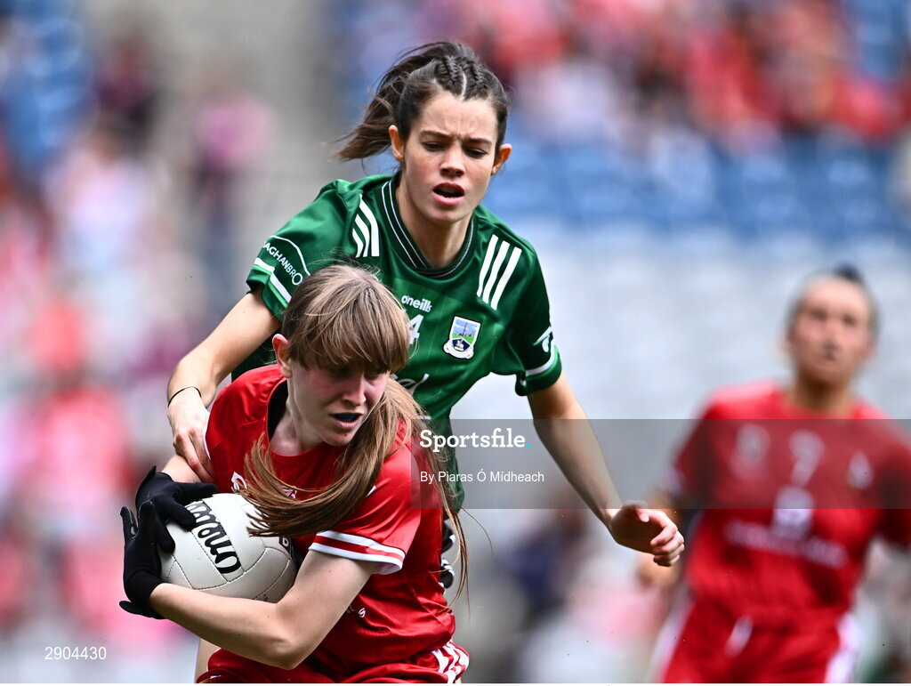 4 August 2024; Louise Byrne of Louth in action against Eimear Smyth of Fermanagh during the TG4 All-Ireland Ladies Football Junior Championship final match between Fermanagh and Louth at Croke Park in Dublin. Photo by Piaras Ó Mídheach/Sportsfile