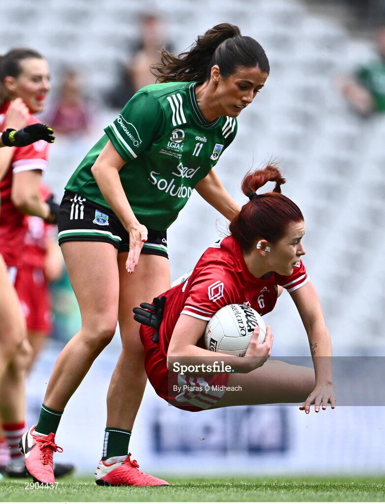 4 August 2024; Áine Breen of Louth in action against Joanne Doonan of Fermanagh during the TG4 All-Ireland Ladies Football Junior Championship final match between Fermanagh and Louth at Croke Park in Dublin. Photo by Piaras Ó Mídheach/Sportsfile