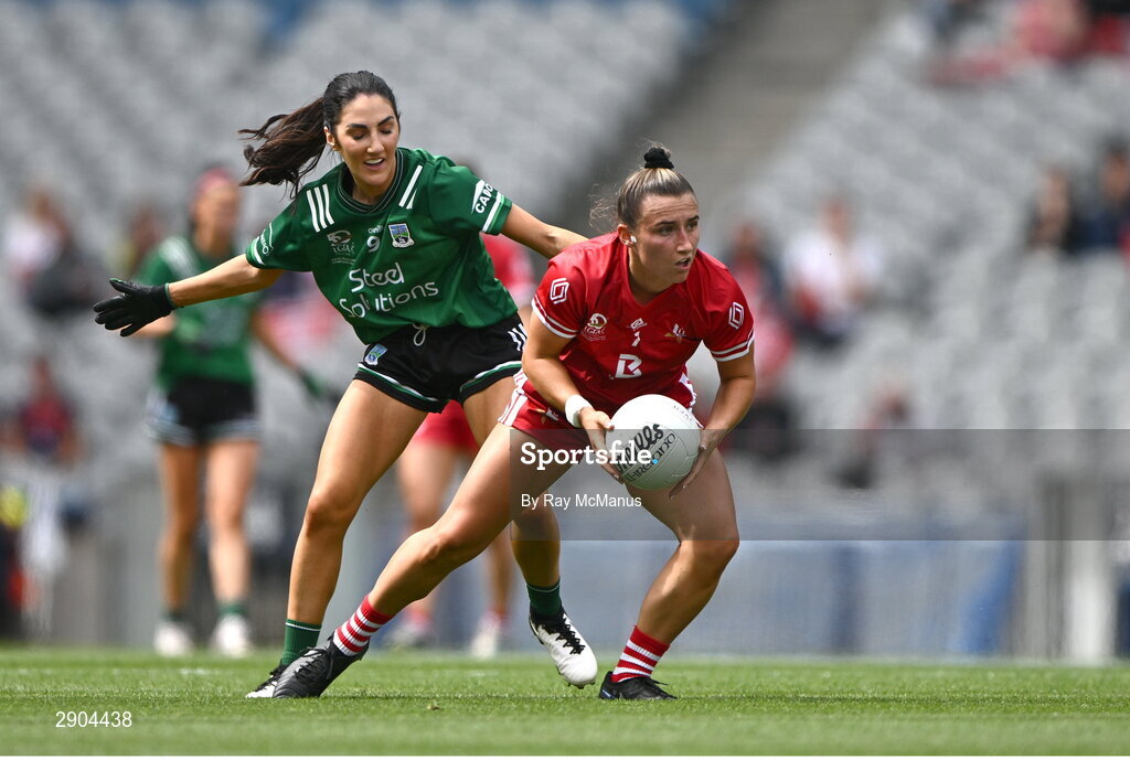 4 August 2024; Ceire Nolan of Louth is tackled by Lisa Maguire of Fermanagh during the TG4 All-Ireland Ladies Junior Football Championship final match between Fermanagh and Louth at Croke Park, Dublin. Photo by Ray McManus/Sportsfile