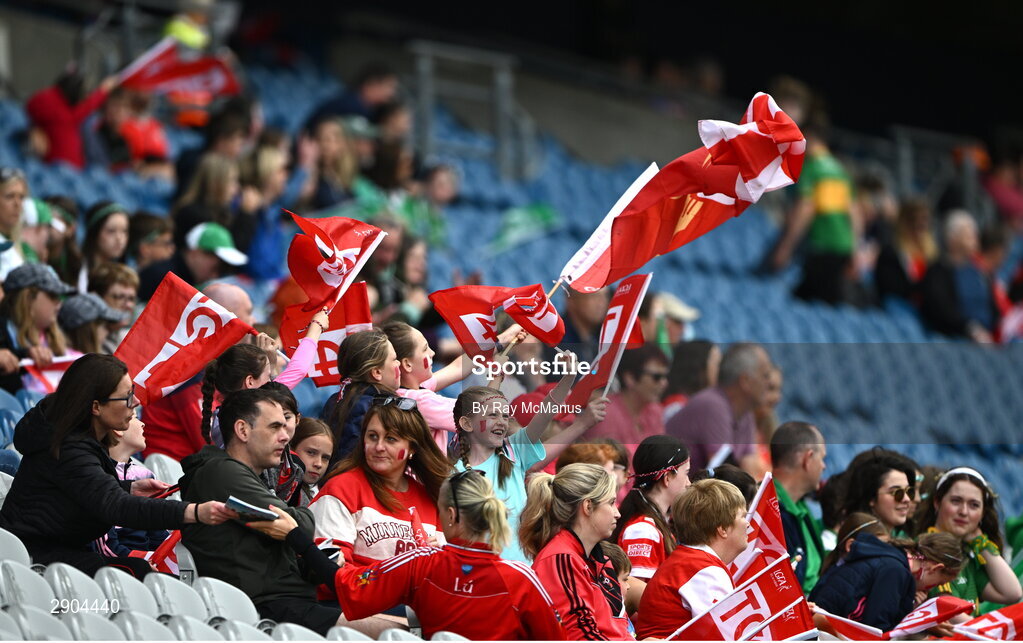 4 August 2024; Louth supporters, in the Cusack Stand, during the TG4 All-Ireland Ladies Junior Football Championship final match between Fermanagh and Louth at Croke Park, Dublin. Photo by Ray McManus/Sportsfile