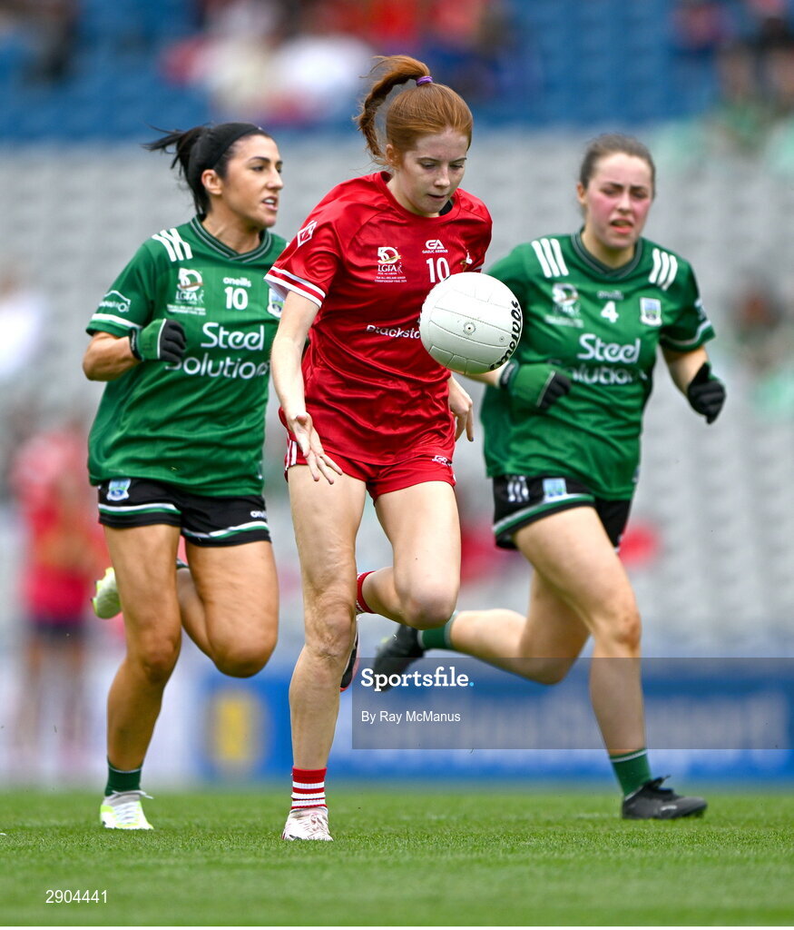 4 August 2024; Lucy White of Louth in action against Danielle Maguire and Eimear Keenan of Fermanagh during the TG4 All-Ireland Ladies Junior Football Championship final match between Fermanagh and Louth at Croke Park, Dublin. Photo by Ray McManus/Sportsfile