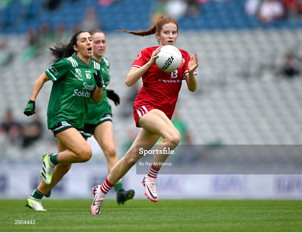 4 August 2024; Lucy White of Louth in action against Danielle Maguire of Fermanagh  during the TG4 All-Ireland Ladies Junior Football Championship final match between Fermanagh and Louth at Croke Park, Dublin. Photo by Ray McManus/Sportsfile