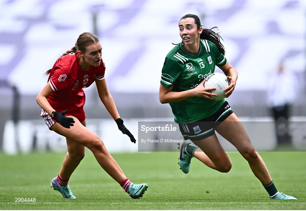 4 August 2024; Bláithín Bogue of Fermanagh in action against Claire McDonald of Louth during the TG4 All-Ireland Ladies Football Junior Championship final match between Fermanagh and Louth at Croke Park in Dublin. Photo by Piaras Ó Mídheach/Sportsfile