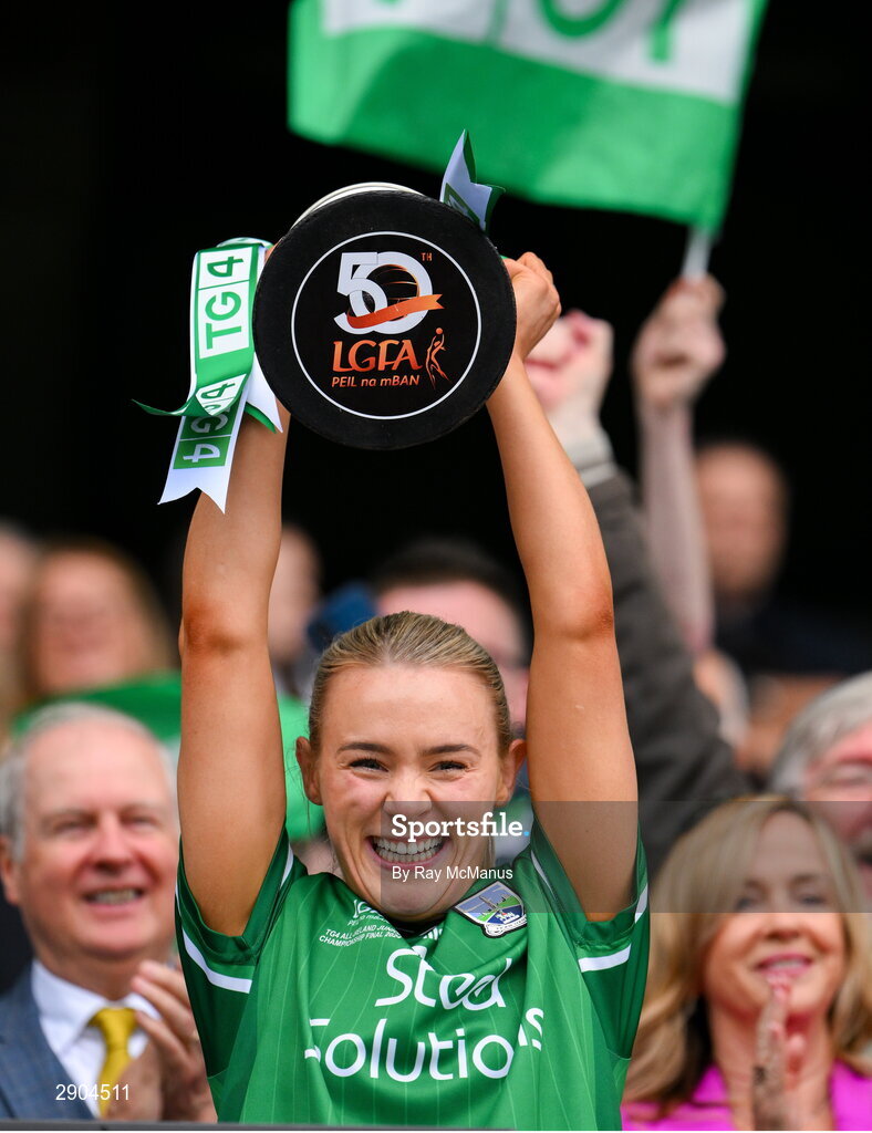 4 August 2024; Shannan McQuade of Fermanagh lifts the West County Hotel cup after the TG4 All-Ireland Ladies Junior Football Championship final match between Fermanagh and Louth at Croke Park, Dublin. Photo by Ray McManus/Sportsfile