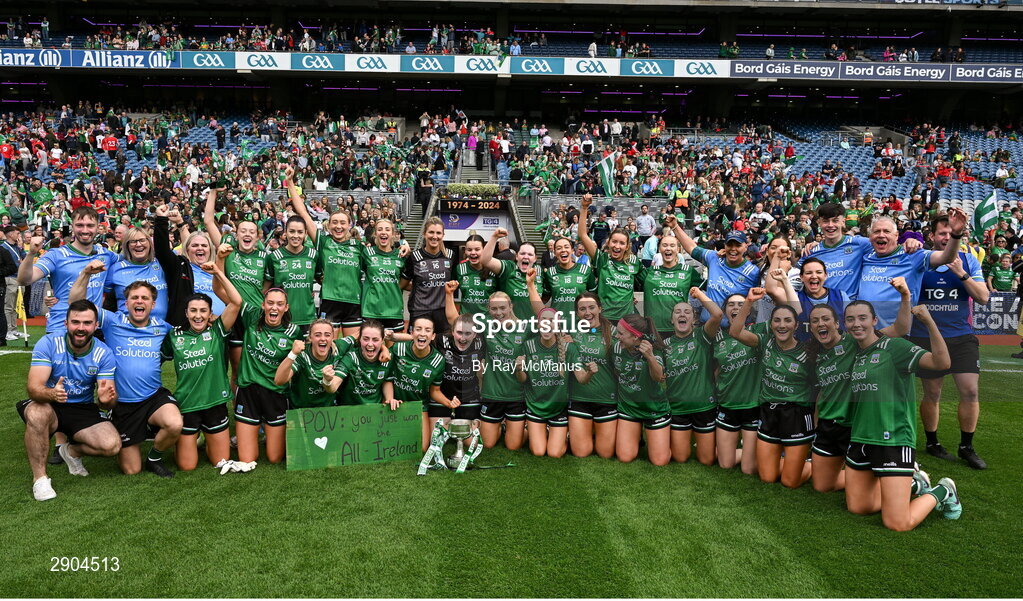 4 August 2024; The Fermanagh captain, players and officials celebrate after the TG4 All-Ireland Ladies Junior Football Championship final match between Fermanagh and Louth at Croke Park, Dublin. Photo by Ray McManus/Sportsfile