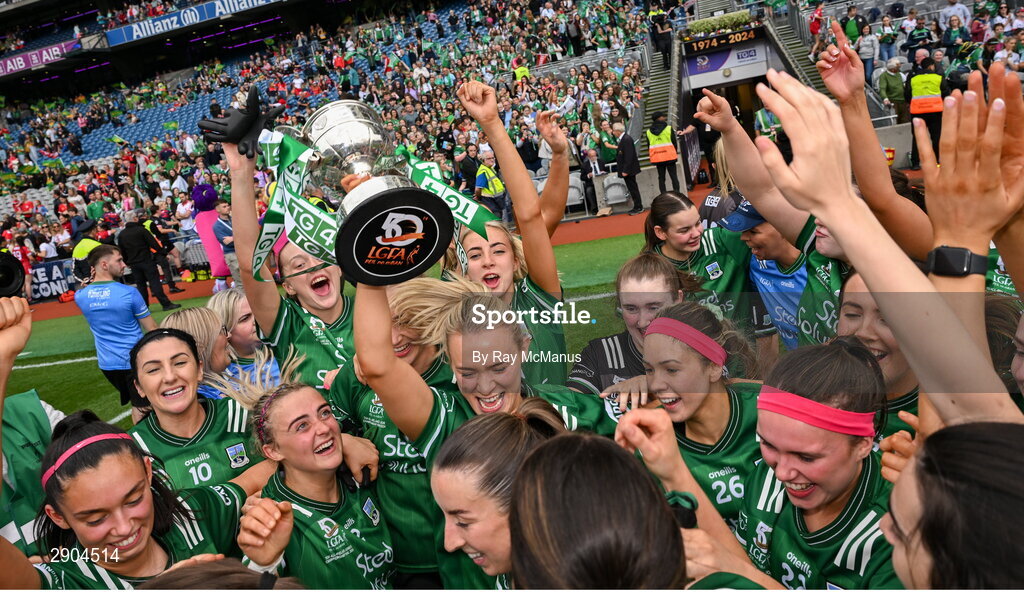 4 August 2024; The Fermanagh captain, players and officials celebrate after the TG4 All-Ireland Ladies Junior Football Championship final match between Fermanagh and Louth at Croke Park, Dublin. Photo by Ray McManus/Sportsfile