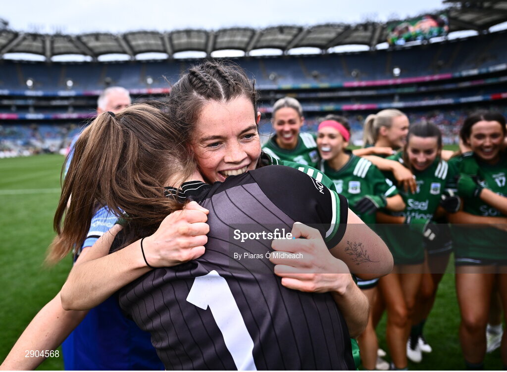 4 August 2024; Fermanagh players Eimear Smyth and Megan Maguire, 1, celebrate after their side's victory in the TG4 All-Ireland Ladies Football Junior Championship final match between Fermanagh and Louth at Croke Park in Dublin. Photo by Piaras Ó Mídheach/Sportsfile