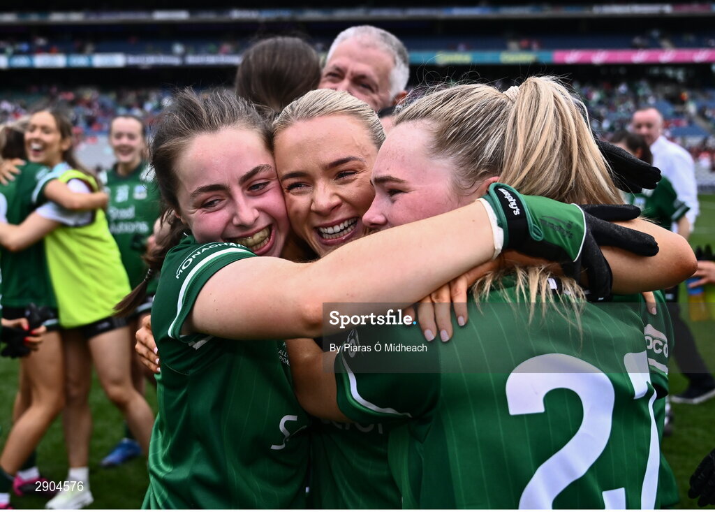 4 August 2024; Fermanagh players, from left, Eimear Keenan, Shannan McQuade and Niamh McManus celebrates after their side's victory in the TG4 All-Ireland Ladies Football Junior Championship final match between Fermanagh and Louth at Croke Park in Dublin. Photo by Piaras Ó Mídheach/Sportsfile