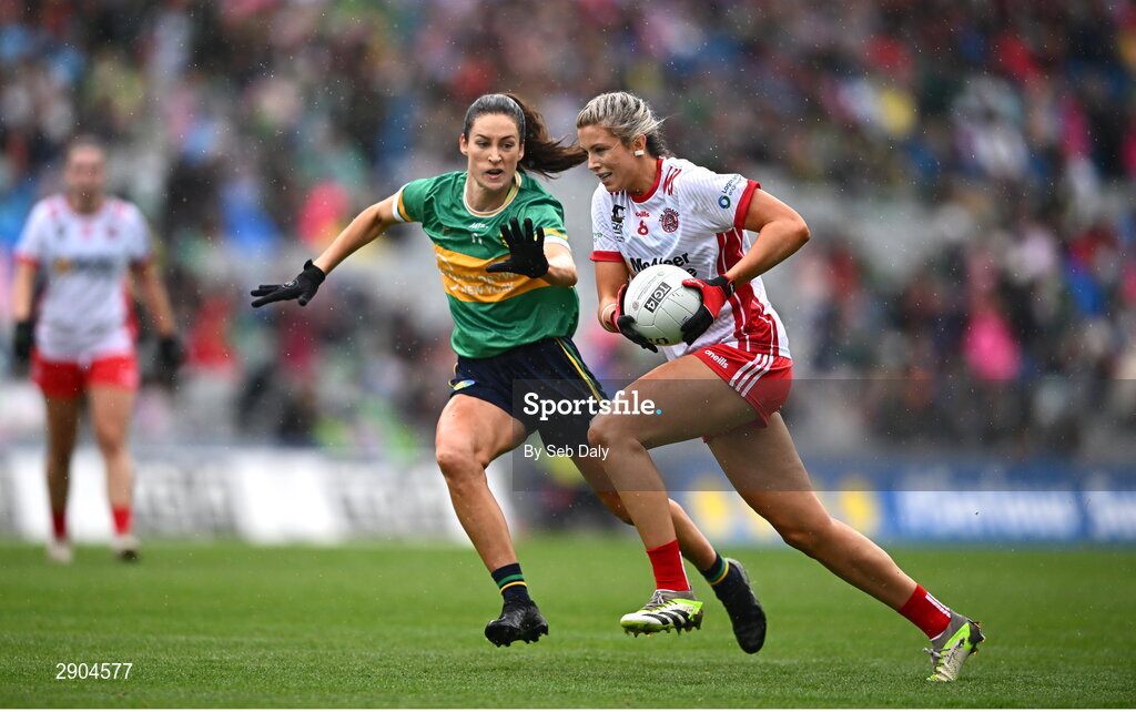 4 August 2024; Aoibhinn McHugh of Tyrone in action against Orla Flynn of Leitrim during the TG4 All-Ireland Ladies Football Intermediate Championship final match between Leitrim and Tyrone at Croke Park in Dublin. Photo by Seb Daly/Sportsfile