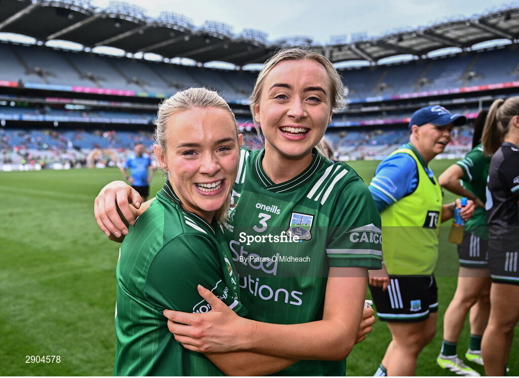 4 August 2024; Fermanagh playres Shannan McQuade, left, and Molly McGloin celebrate after their side's victory in the TG4 All-Ireland Ladies Football Junior Championship final match between Fermanagh and Louth at Croke Park in Dublin. Photo by Piaras Ó Mídheach/Sportsfile