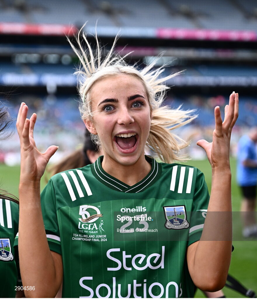 4 August 2024; Caoimhe Gallagher of Fermanagh celebrates after her side's victory in the TG4 All-Ireland Ladies Football Junior Championship final match between Fermanagh and Louth at Croke Park in Dublin. Photo by Piaras Ó Mídheach/Sportsfile