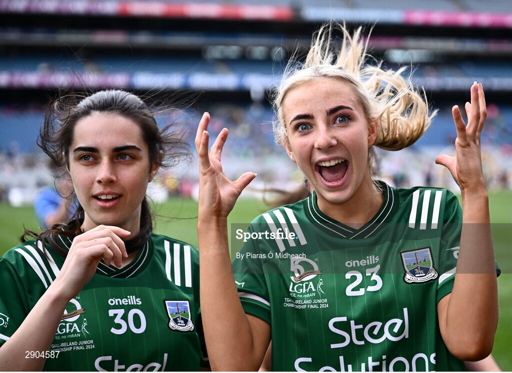 4 August 2024; Fermanagh players Caoimhe Gallagher, right, and Eva Finlay-McGovern celebrate after their side's victory in the TG4 All-Ireland Ladies Football Junior Championship final match between Fermanagh and Louth at Croke Park in Dublin. Photo by Piaras Ó Mídheach/Sportsfile