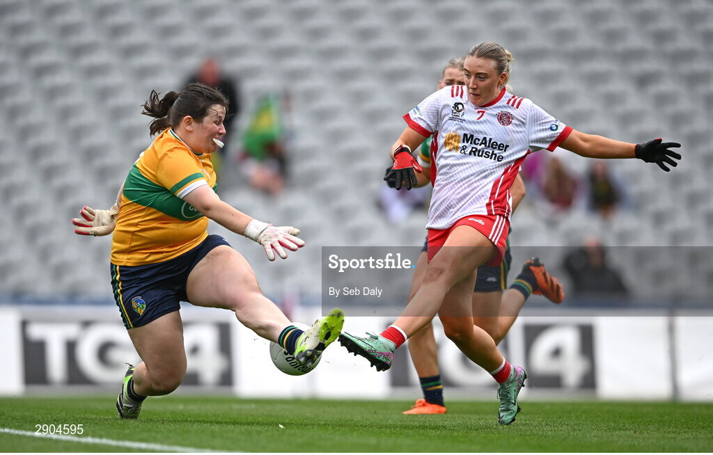 4 August 2024; Leitrim goalkeeper Michelle Monaghan saves a shot from Tyrone's Caitlin Campbell during the TG4 All-Ireland Ladies Football Intermediate Championship final match between Leitrim and Tyrone at Croke Park in Dublin. Photo by Seb Daly/Sportsfile