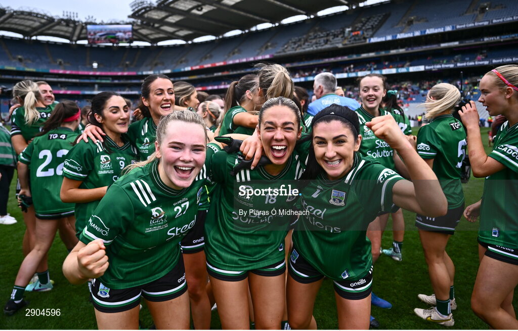 4 August 2024; Fermanagh players, from left, Niamh McManus, Stephanie Gunn and Danielle Maguire celebrate after their side's victory in the TG4 All-Ireland Ladies Football Junior Championship final match between Fermanagh and Louth at Croke Park in Dublin. Photo by Piaras Ó Mídheach/Sportsfile