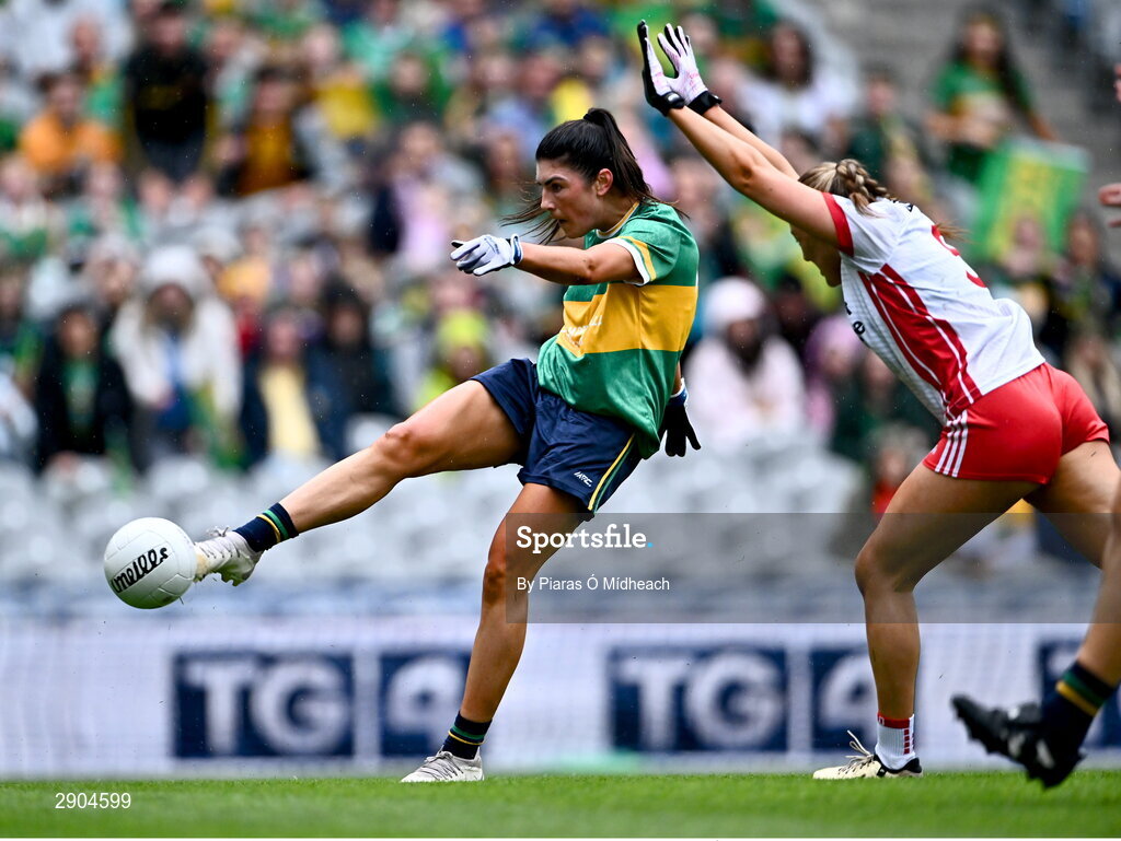 4 August 2024; Laura O'Dowd of Leitrim shoots under pressure from Meabh Mallon of Tyrone during the TG4 All-Ireland Ladies Football Intermediate Championship final match between Leitrim and Tyrone at Croke Park in Dublin. Photo by Piaras Ó Mídheach/Sportsfile