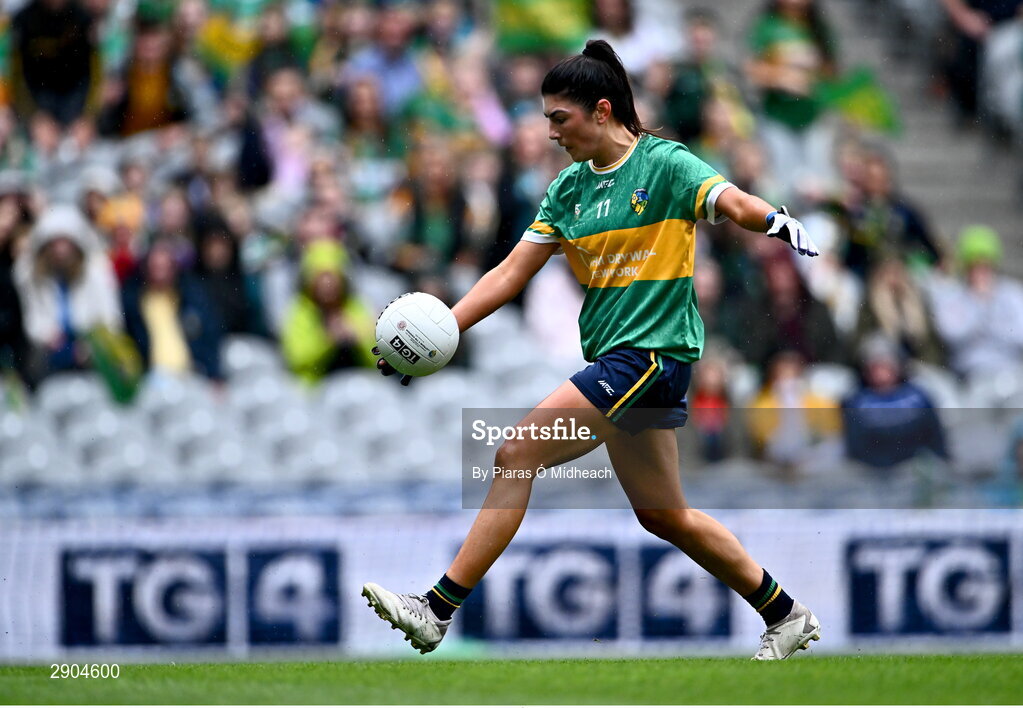 4 August 2024; Laura O'Dowd of Leitrim during the TG4 All-Ireland Ladies Football Intermediate Championship final match between Leitrim and Tyrone at Croke Park in Dublin. Photo by Piaras Ó Mídheach/Sportsfile