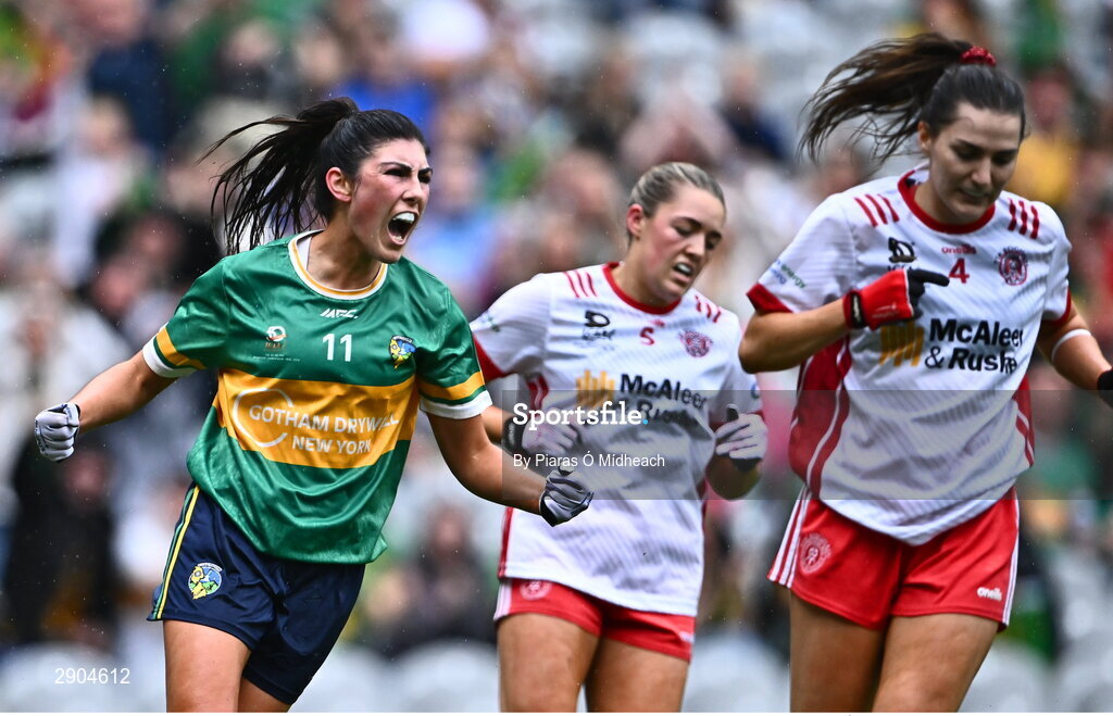 4 August 2024; Laura O'Dowd of Leitrim celebrates scoring her side's first goal during the TG4 All-Ireland Ladies Football Intermediate Championship final match between Leitrim and Tyrone at Croke Park in Dublin. Photo by Piaras Ó Mídheach/Sportsfile