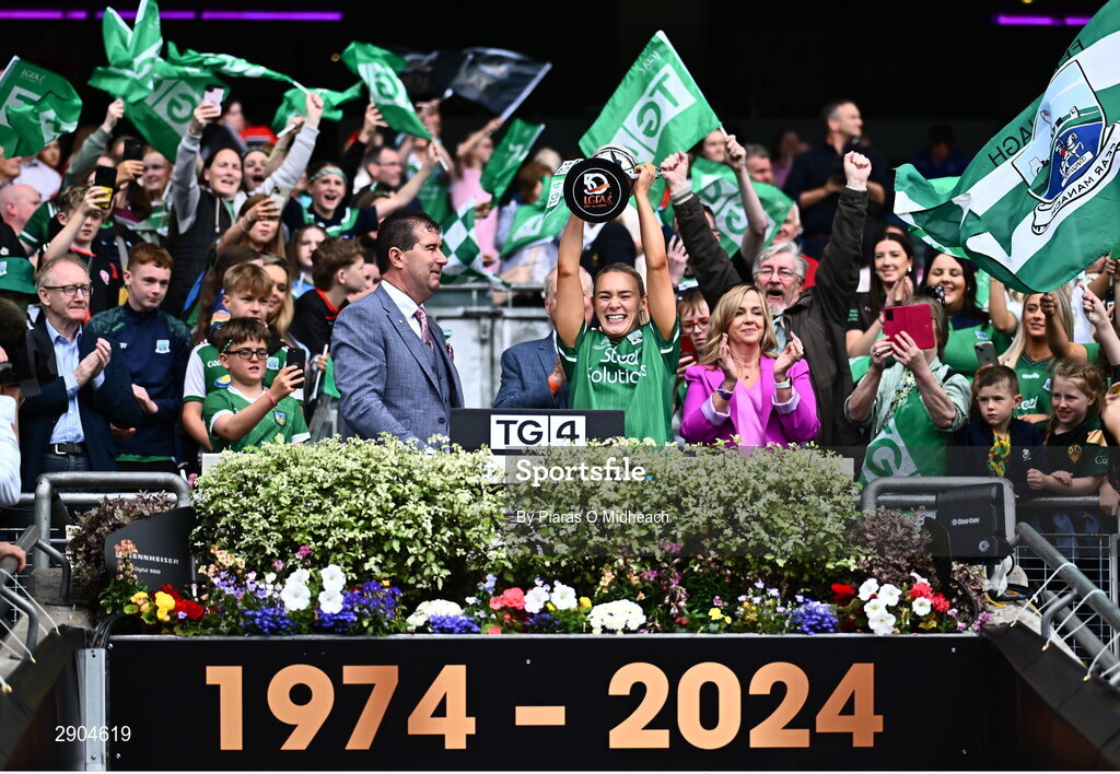 4 August 2024; Fermanagh captain Shannan McQuade lifts the West County Hotel Cup after her side's victory in the TG4 All-Ireland Ladies Football Junior Championship final match between Fermanagh and Louth at Croke Park in Dublin. Photo by Piaras Ó Mídheach/Sportsfile