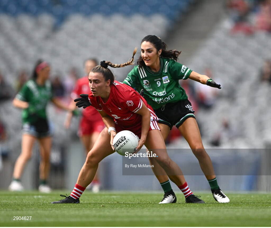 4 August 2024; Ceire Nolan of Louth is tackled by Lisa Maguire of Fermanagh during the TG4 All-Ireland Ladies Junior Football Championship final match between Fermanagh and Louth at Croke Park, Dublin. Photo by Ray McManus/Sportsfile